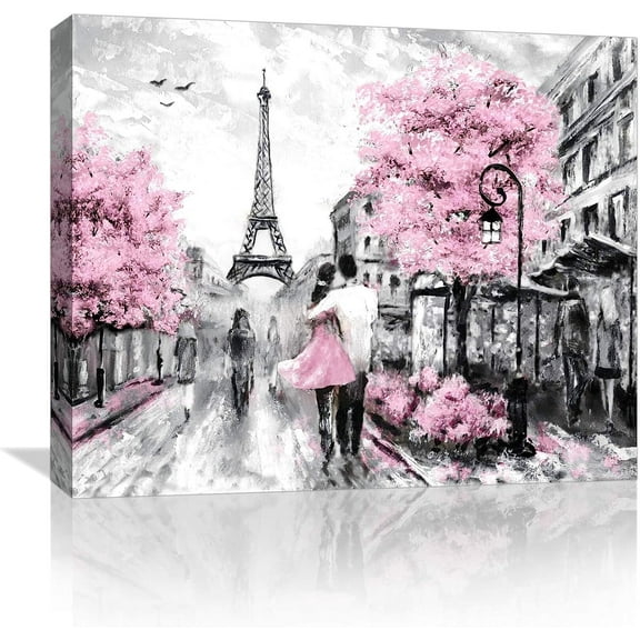 Paris Eiffel Tower Wall Decor for Bedroom Canvas Wall Art Pink Paris Girls Room Wall Decor Bathroom Painting Pictures Framed Modern Black and White Artwork for Walls Home Wall Decoration Size 12x15