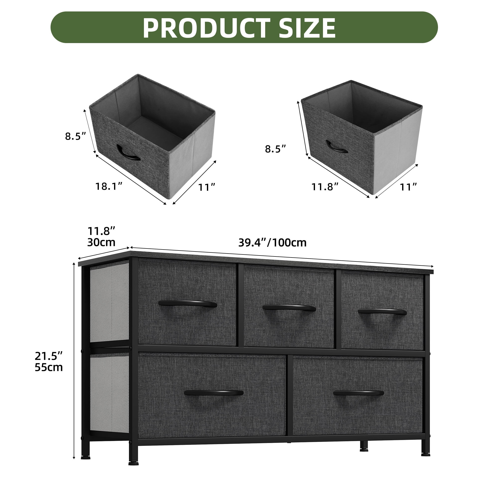 Uforic Wide 5 Drawer Storage Organizer Wooden Top Shelf for Closets, Black Grey