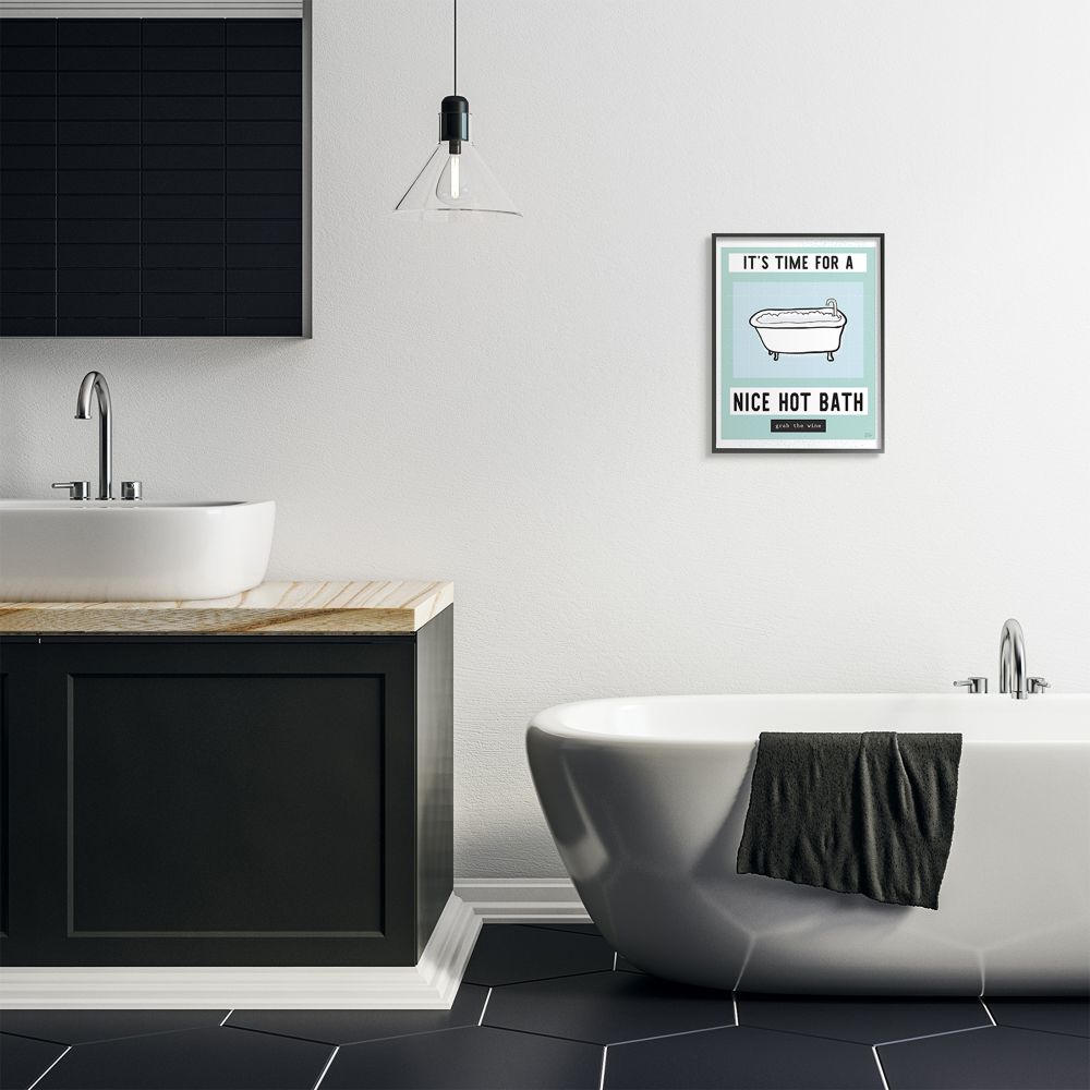 Stupell Industries Hot Bath and Wine Phrase Funny Blue Green Word Design Framed Wall Art Design by Melissa Averinos, 16" x 20", Black Framed