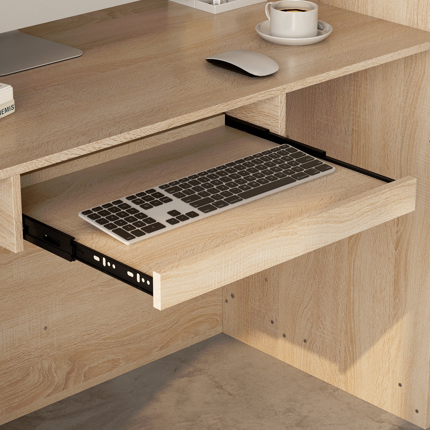 KULAGAGA Reception Desk with Drawer & Cabinet, Reception Counter Desk with Keyboard Tray, Front Reception Table Retail Counter for Checkout, for Office Store, Oak and White, 25.2”D x 87.2”W x 47.2”H