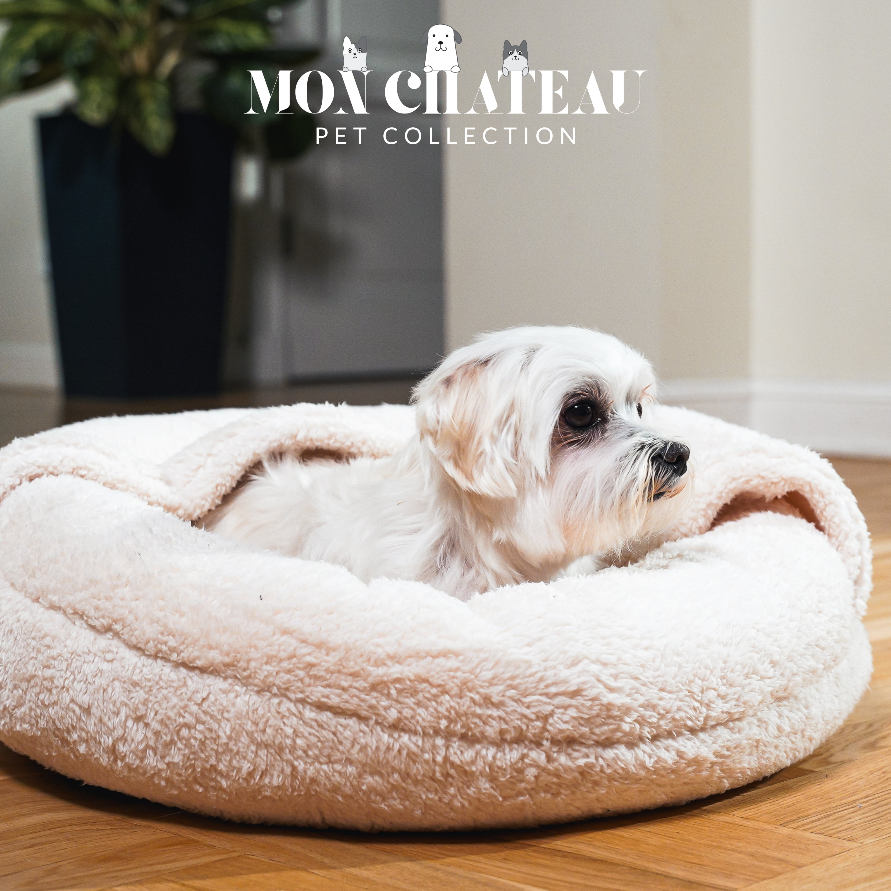 Mon Chateau Nestled Boucle Hooded Pet Bed, Plush Cat or Dog Bed with Hooded Cover, Waterproof and Machine Washable with Anti-Skid Bottom, Designed for Comfort and Safety, Cloud White