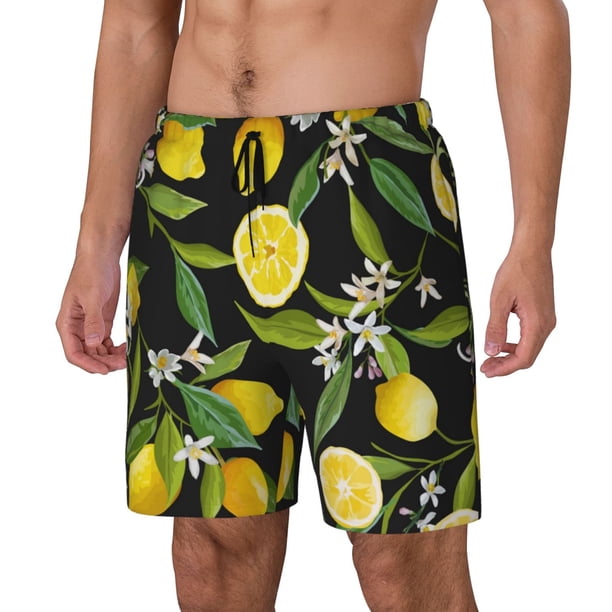 Balery Lemon Fruits Flowers Leaves Bañador para hombre, shorts de playa de secado rápido con entrepierna y forro de compresión-X-Large