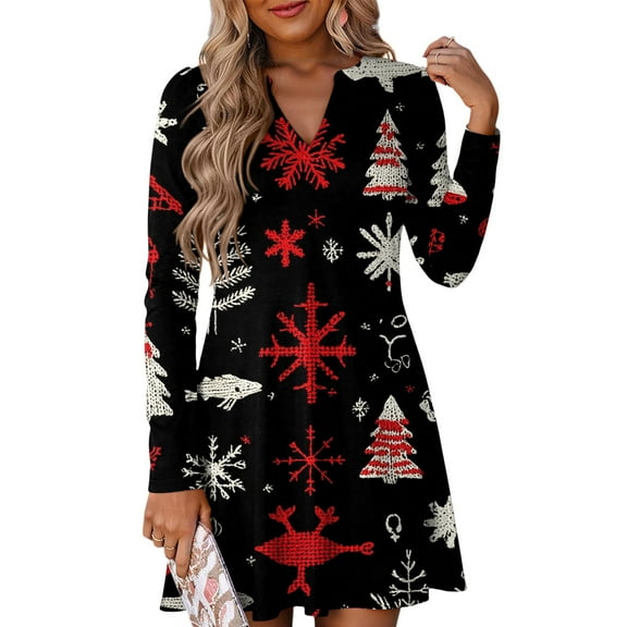 WTOBBY Women's Christmas Themed Dress Loose V-Neck Long Sleeve Casual Holiday Print Party Wear with Festive Design for Special Events,Black S