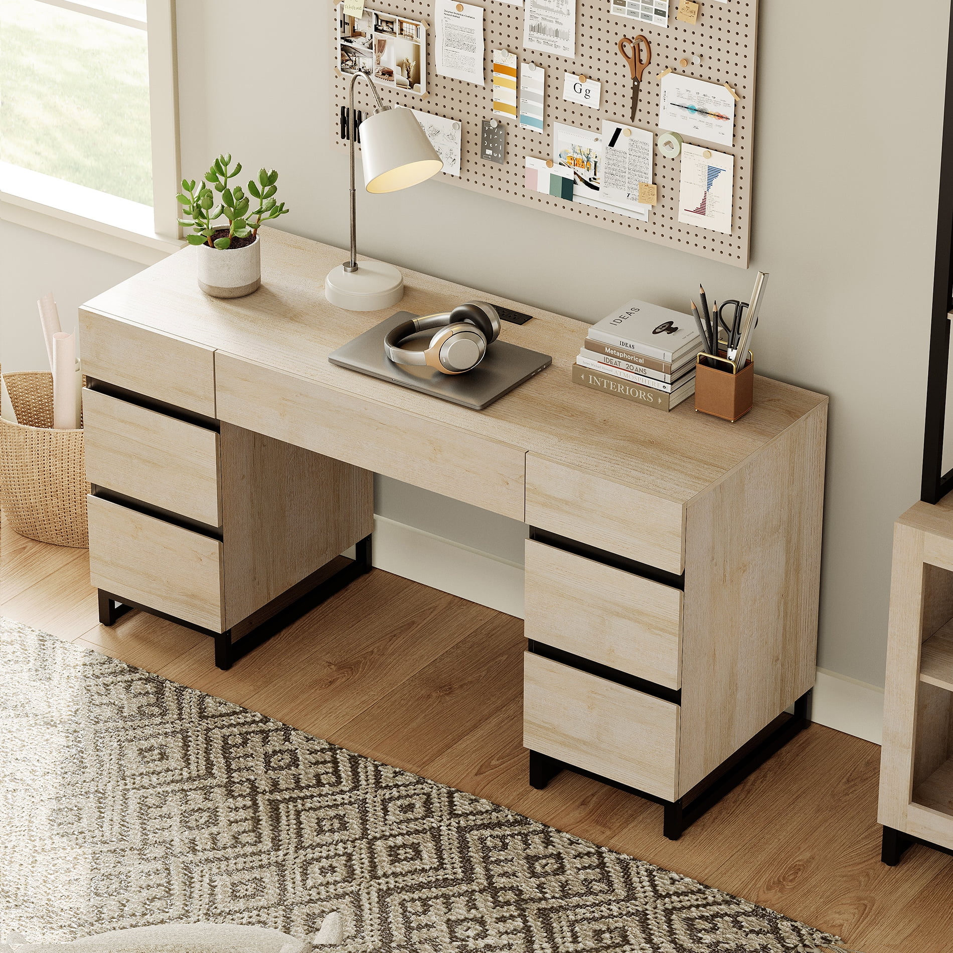 WAMPAT Home Office Furniture Set: 59in Modern Executive Desk with Charging Station and Drawers and 2 PCS 72in Tall Bookcases with 6 Drawers, Home Office Furniture for Living Room, Bedroom, Beige