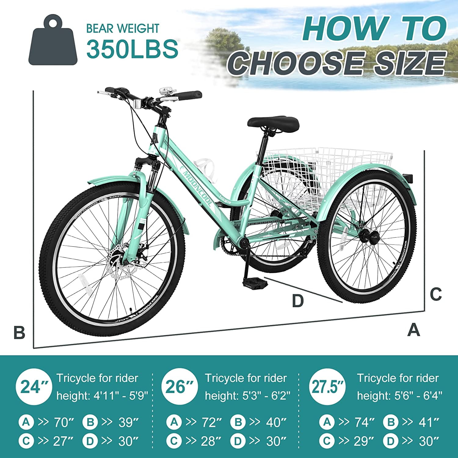 FICISOG 24" Adult Mountain Tricycle, 3 Wheeled 7-Speed Mountain Tricycle Cruiser Bike with Basket,Unisex
