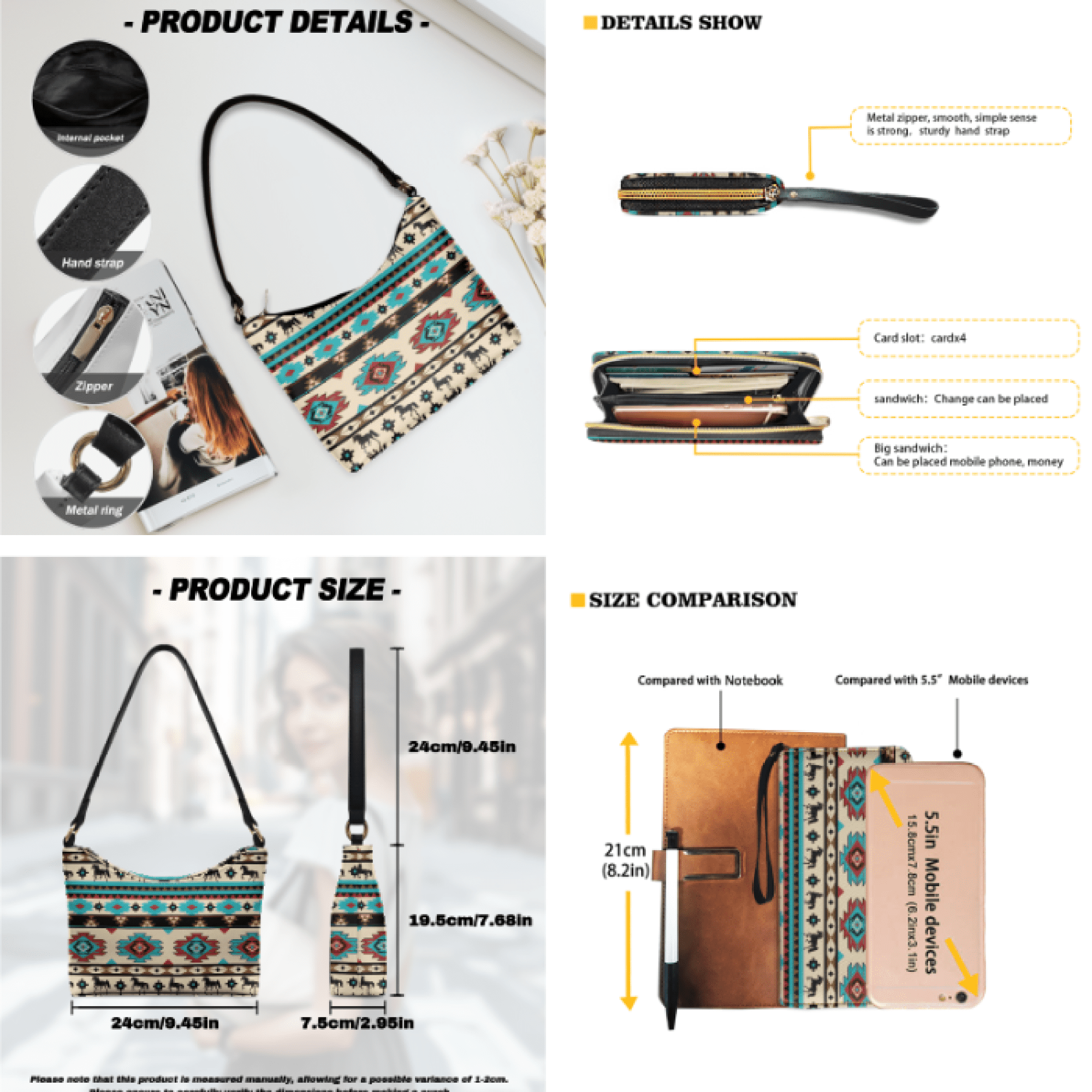 Tutolipy Geometric Animal Womens Handbag and Purse Set for Ladies, Daily Use Long Wallet with Fashionable Shoulder Bag, Large Capacity Hobo Bag