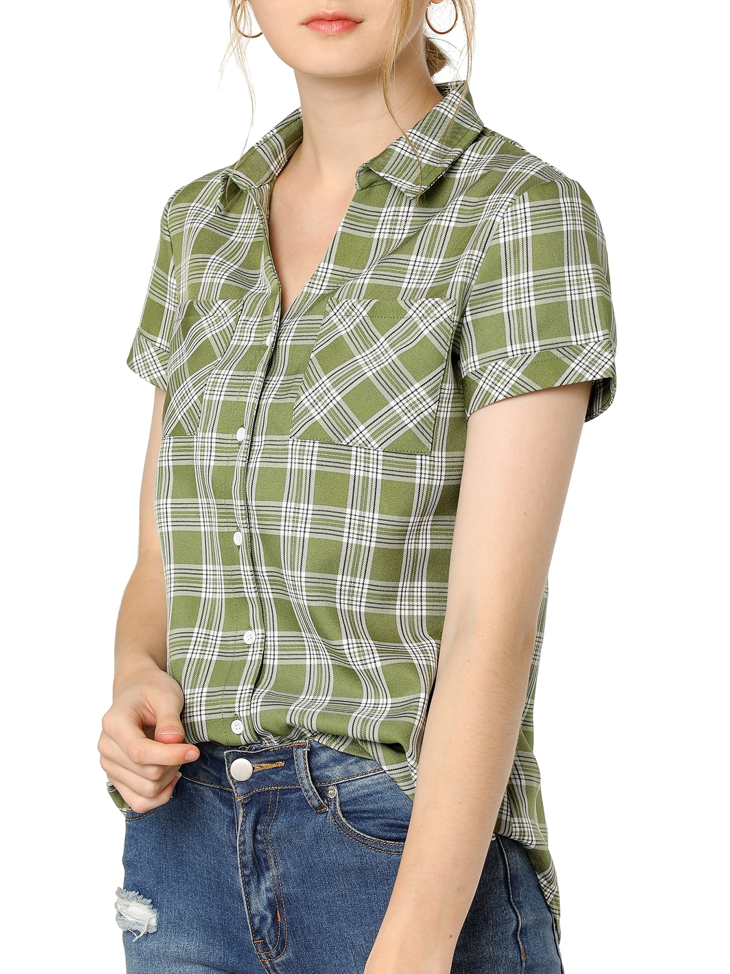 DARING DIVA Women's Casual Boyfriend Plaid Button Down Flannel Shirt L Light Green