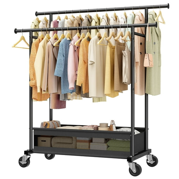 EnHomee Clothes Rack with Wheels,Double Rod Garment Rack with Storage Basket,Heavy Duty Metal Clothing Organizer for Bedroom,Laundry,Entryway,43.3"W x 17.7"D x 63"H, Black
