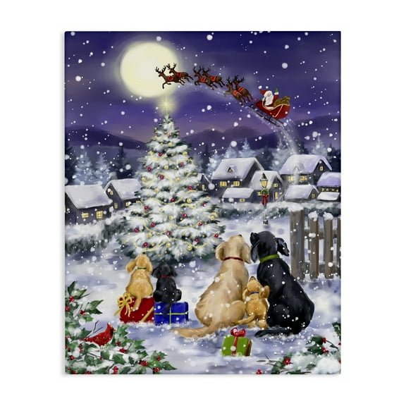 Stupell Industries Santa Over Snowy Dogs Holiday Painting Gallery Wrapped Canvas Art Prints Wall Art, 16 x 20