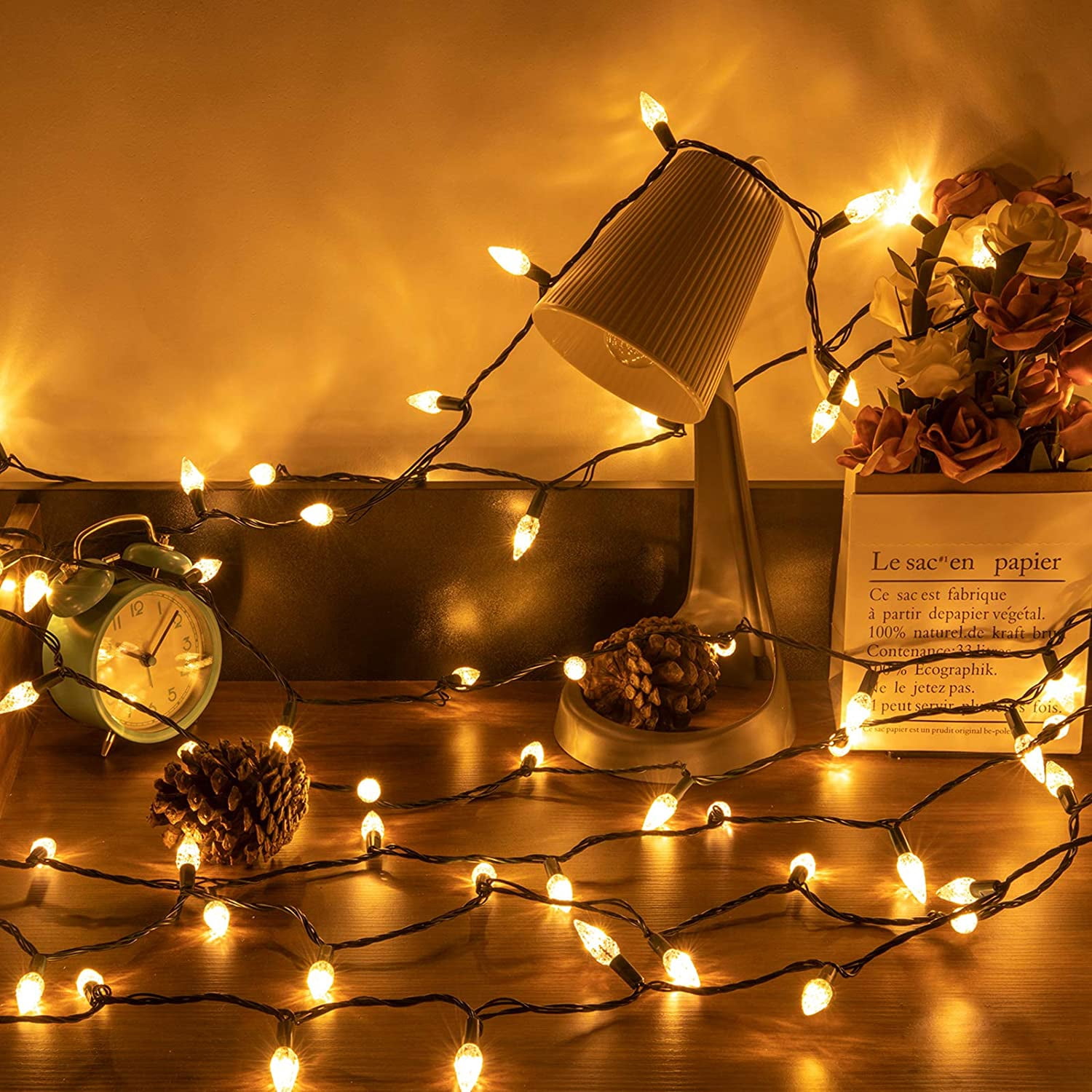 Bibana 100LED 33 FT C6 Christmas String Lights Plug in Fairy Twinkle String Lights 8 Modes Timer Function Waterproof Extendable for Indoor Outdoor Wedding Party Christmas Decoration (100, Warm White)