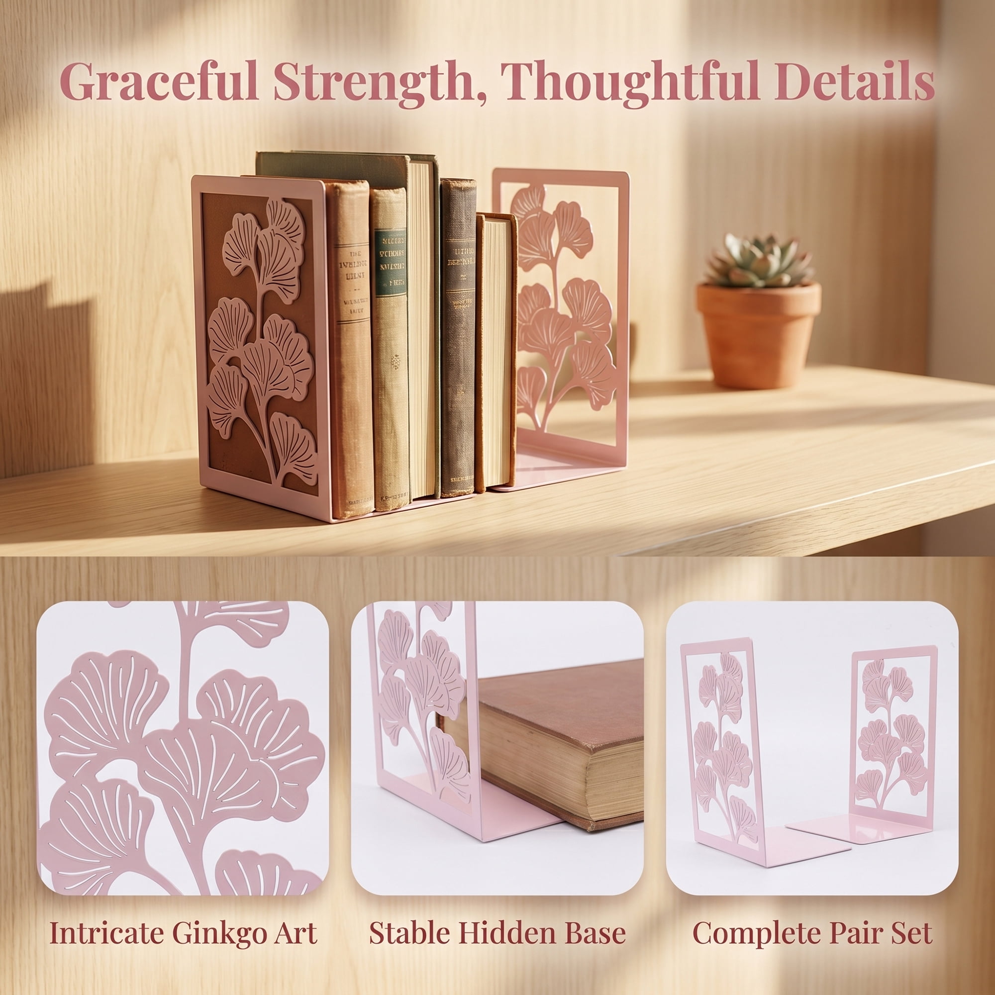 Unique Bargains Decorative Non-Skid Hollow-out Metal Bookends for Home Pink 4.7"x3.5"x7"