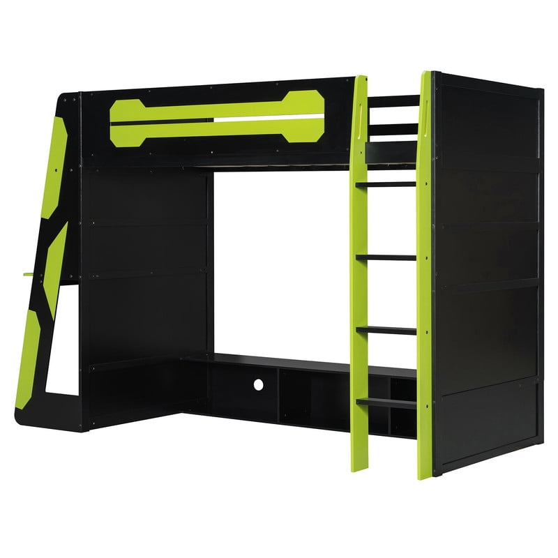 Twin Size Gaming Loft Bed with Desk and RGB LED Light, Wooden Loft Bed Frame with Workstation and Storage Shelves for Bedroom, Dorm Room