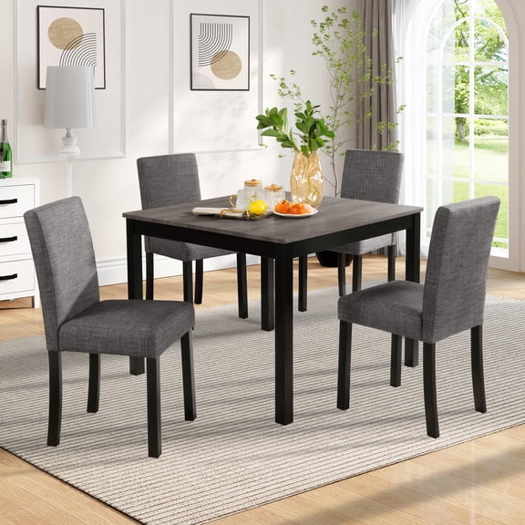 5 Piece Wooden Dining Table Set, Square Table with 4 Chairs for Kitchen, Dining Room, Light Grey & Black Two-Tone
