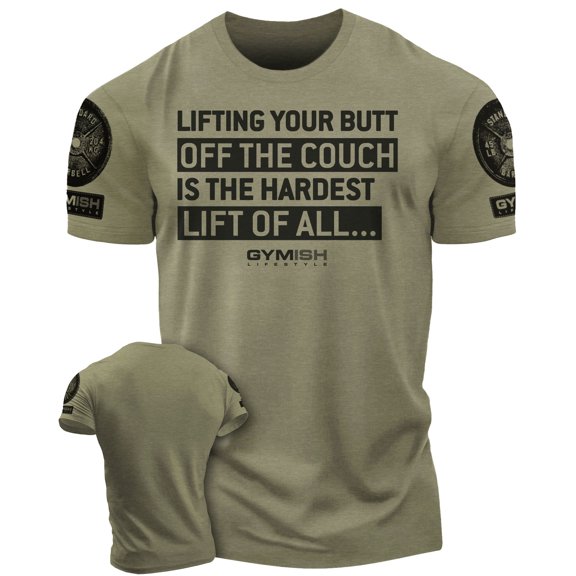 Gymish Hardest Lifting Saying Gym Shirt for Men – Funny Weightlifting T-Shirt, Motivational Workout Wear, Military Green with Sleeve Logo, Small
