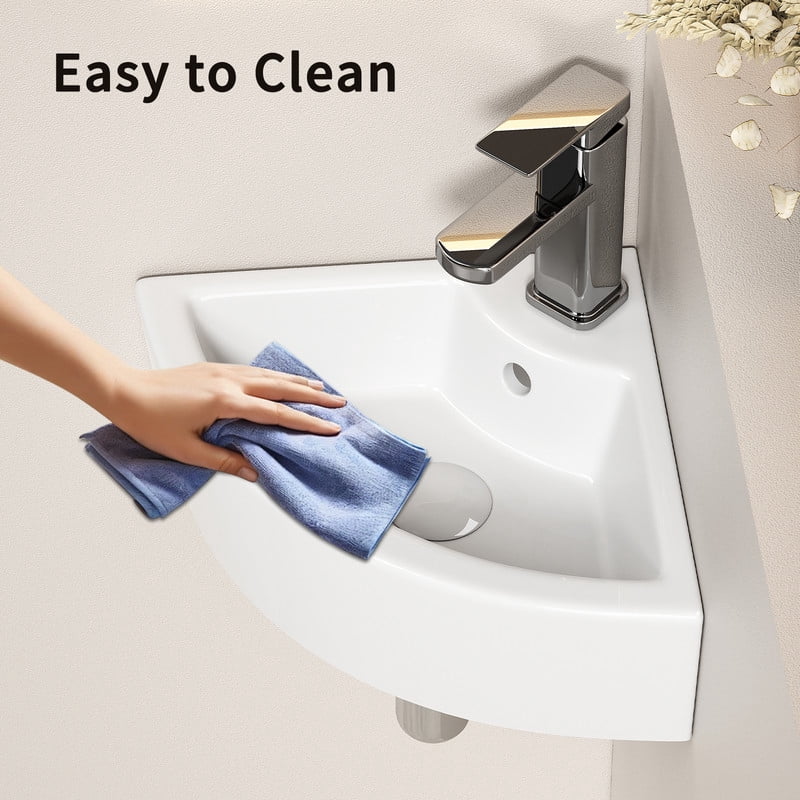 TICOZE Triangle Corner Wall Mounted Ceramic Vessel Sink, Space Saving Bathroom Sink Vanity Sink, White Gloss Ceramic Sink for Small Bathroom Powder Room