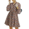 thumbnail image 1 of Vestido de gasa de cintura alta con botones y cuello levantado, vestido de moda con estampado de manga larga para mujer, 1 of 5