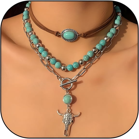 DESIGNICE Boho Turquoise Necklace Western Necklaces for Women Country Concert Outfits Layered Black Brown Leather Choker Western Cowgirl Outfits Jewelry