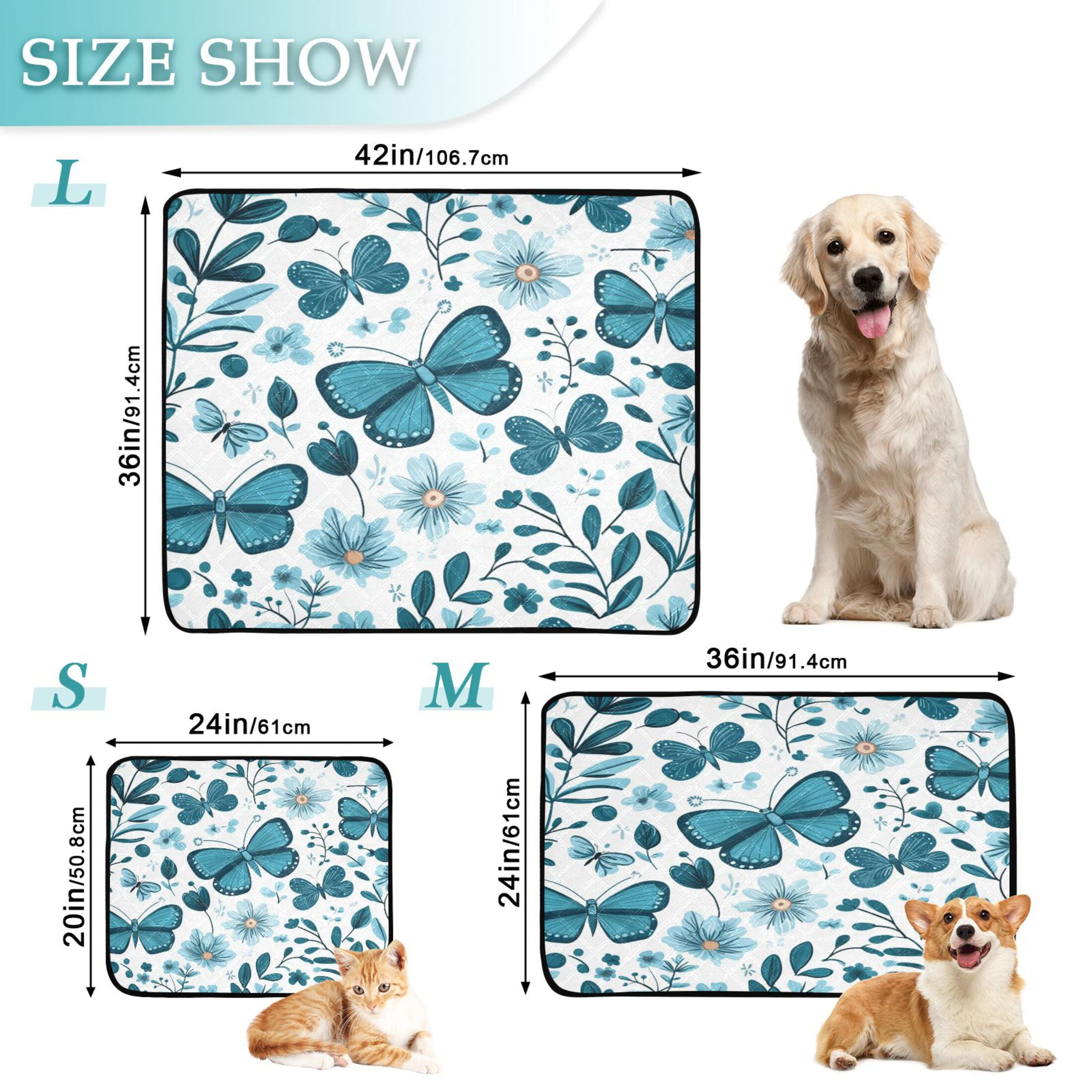 Qxltty Light Blue Butterflies Flowers and Leaves Cat litter Pads Pet Set of 3 Diaper Mats Center Anti-leakage Layer Absorbent Soft and Comfortable