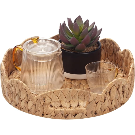 Round Serving Tray, 12 inch Decorative Water Hyacinth Scalloped Basket Tray with Built-in Handles, Round Ottoman Trays for Coffee Table for Kitchen and Living Room