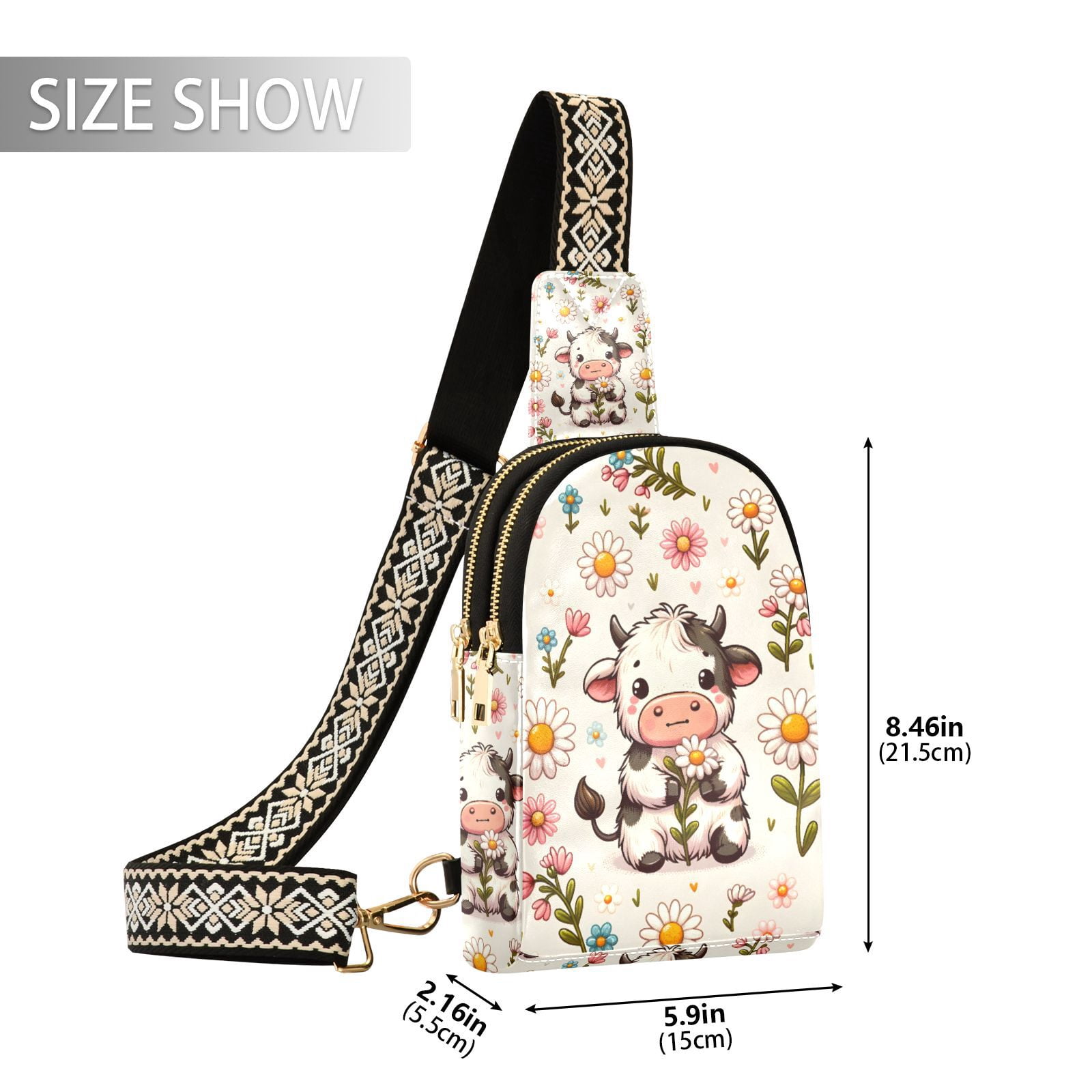 Cow on Flowers Crossbody Bags Backpack Chest Bag Shoulder Bag Waist Bag for Outdoor Travel Hiking Fitness Cycling