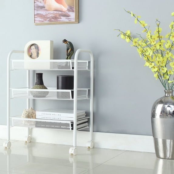 Topcobe 3 Tiers Rolling Cart, Portable Metal Rolling Cart Organizer with Hook, Movable Rolling Kitchen Cart with Wheels - White