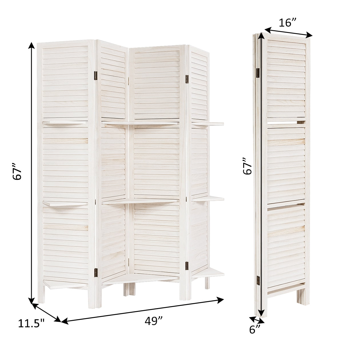 Giantex 4-Panels Wood Room Divider with Display Shelf Folding Privacy Room Dividers Screen for Home Office, 5.6FT, White