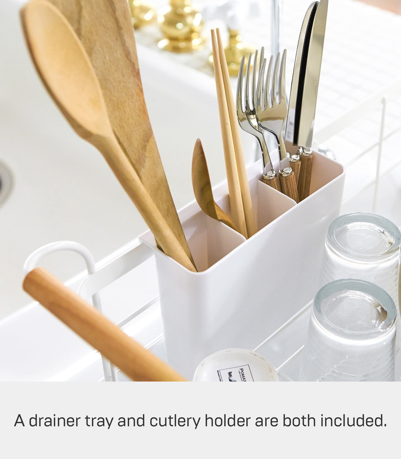 Yamazaki Home Dish Rack, Gray, Steel + Wood, Supports 22 pounds, Drainer Tray, Handles, Utensil Holder, Water Resistant, No Assembly