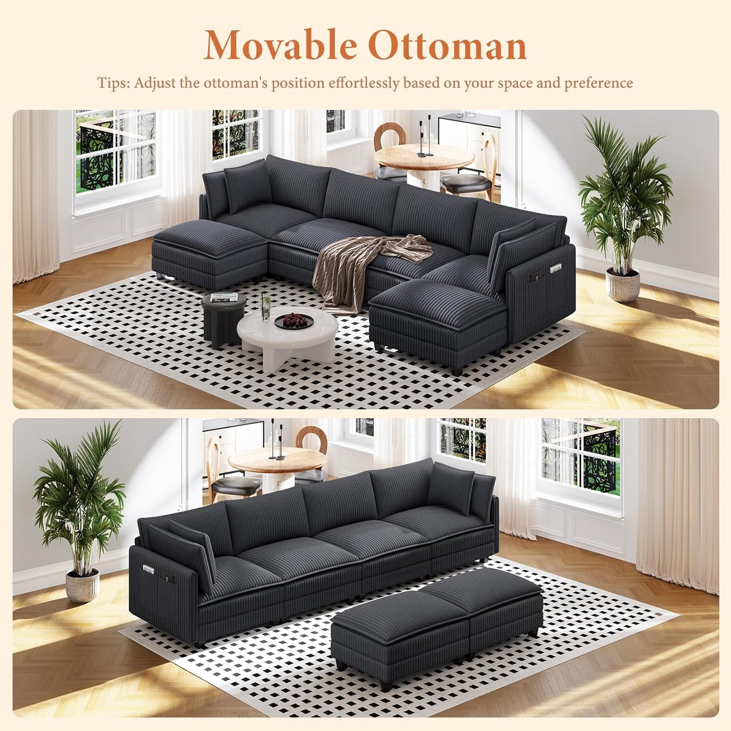 Neche 143" U Shaped Sectional Modular Couch, Comfy Corduroy Upholstered Modular Cloud Sofas for Living Room, Modern Sectional Sofa with 2 Ottoman Deep Seat, Dark Grey