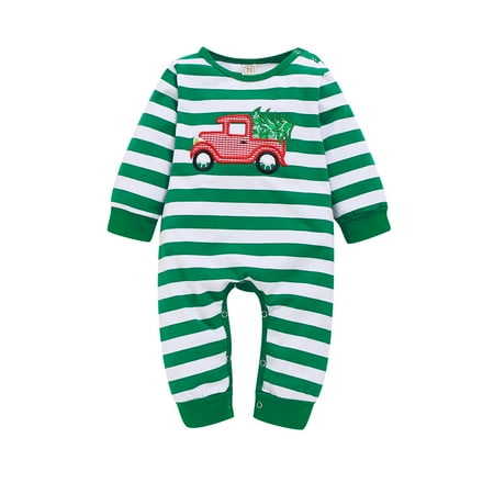 

Caitzr Baby Girls Boys Christmas Romper Long Sleeve O-neck Stripe Car Embroidery Jumpsuit Infant Xmas One-piece