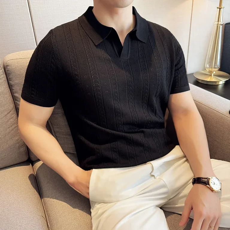 Men's Polo Shirt Striped Jacquard Knit Short Sleeve T-shirt