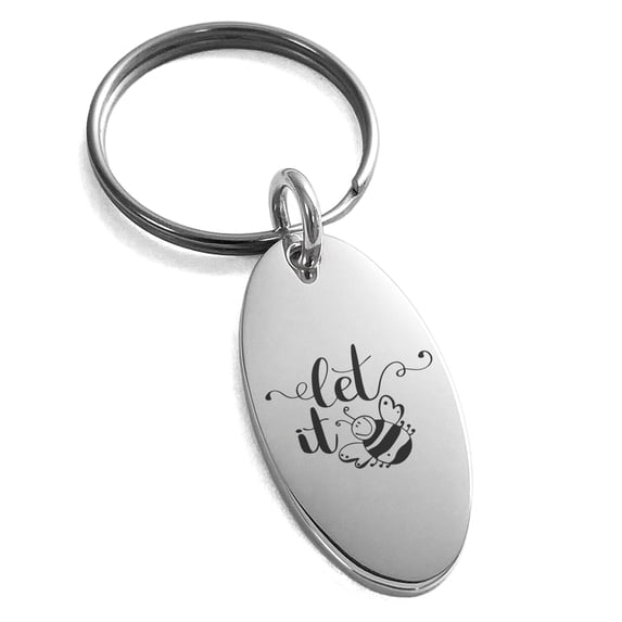 Stainless Steel Let it Bee Engraved Small Oval Charm Keychain Keyring