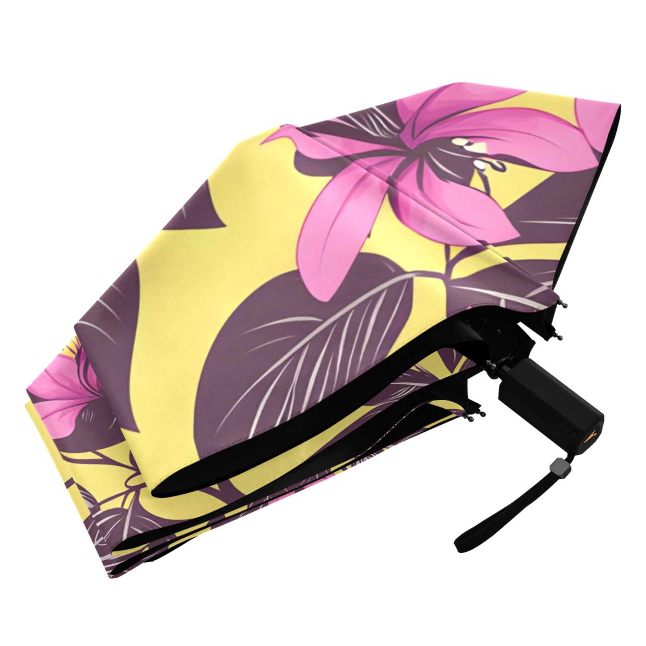 Magenta Flower and Purple Leaves Compact Sun Umbrella Windproof Travel Umbrellas for Rain Strong Portable UV Protection