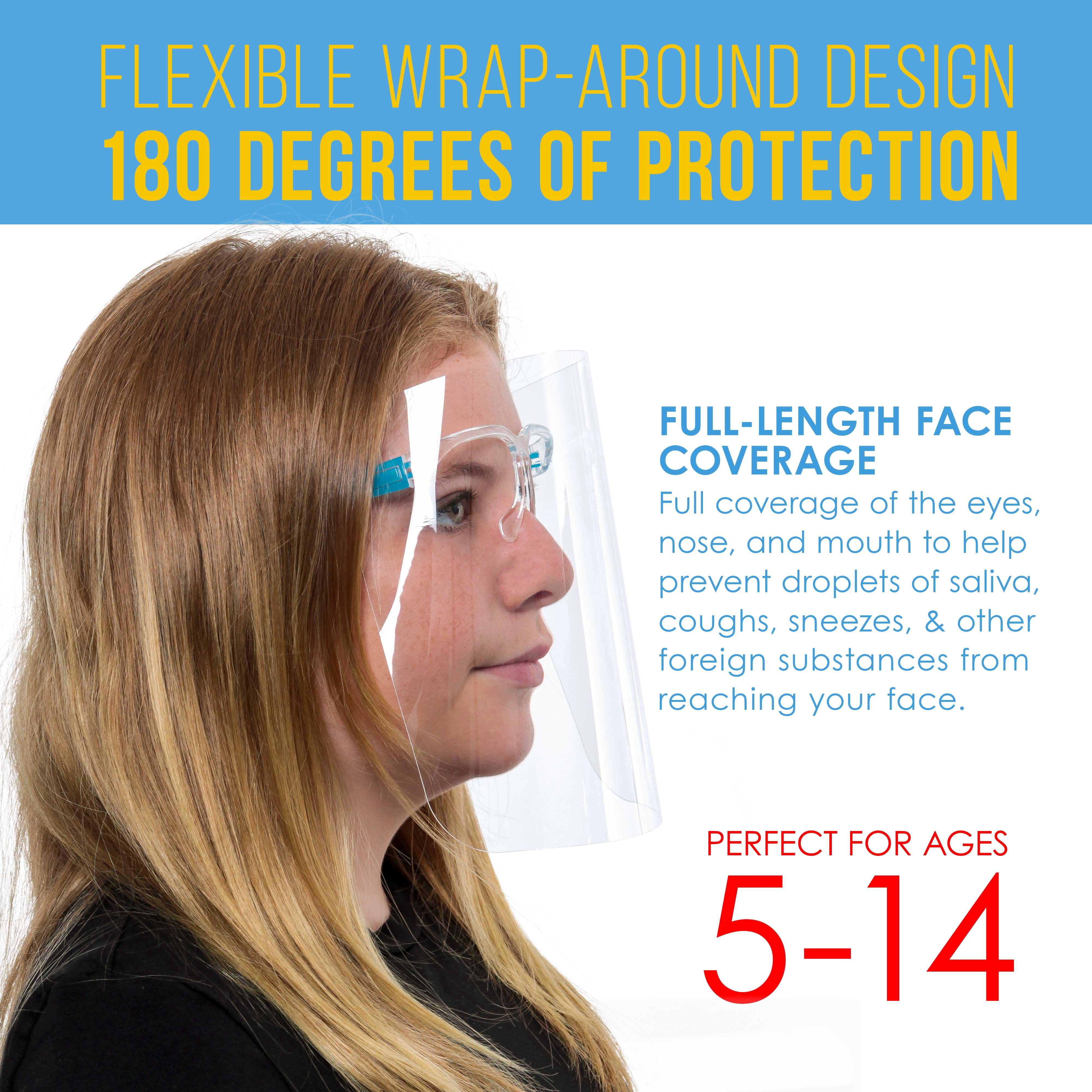 Salon World Safety 200 Kids Face Shields with Glasses Frames (20 Packs of 10) - 5 Colors, 40 Each - Protective Children's Full Face Shields to Protect Eyes Nose Mouth - Anti-Fog PET Plastic
