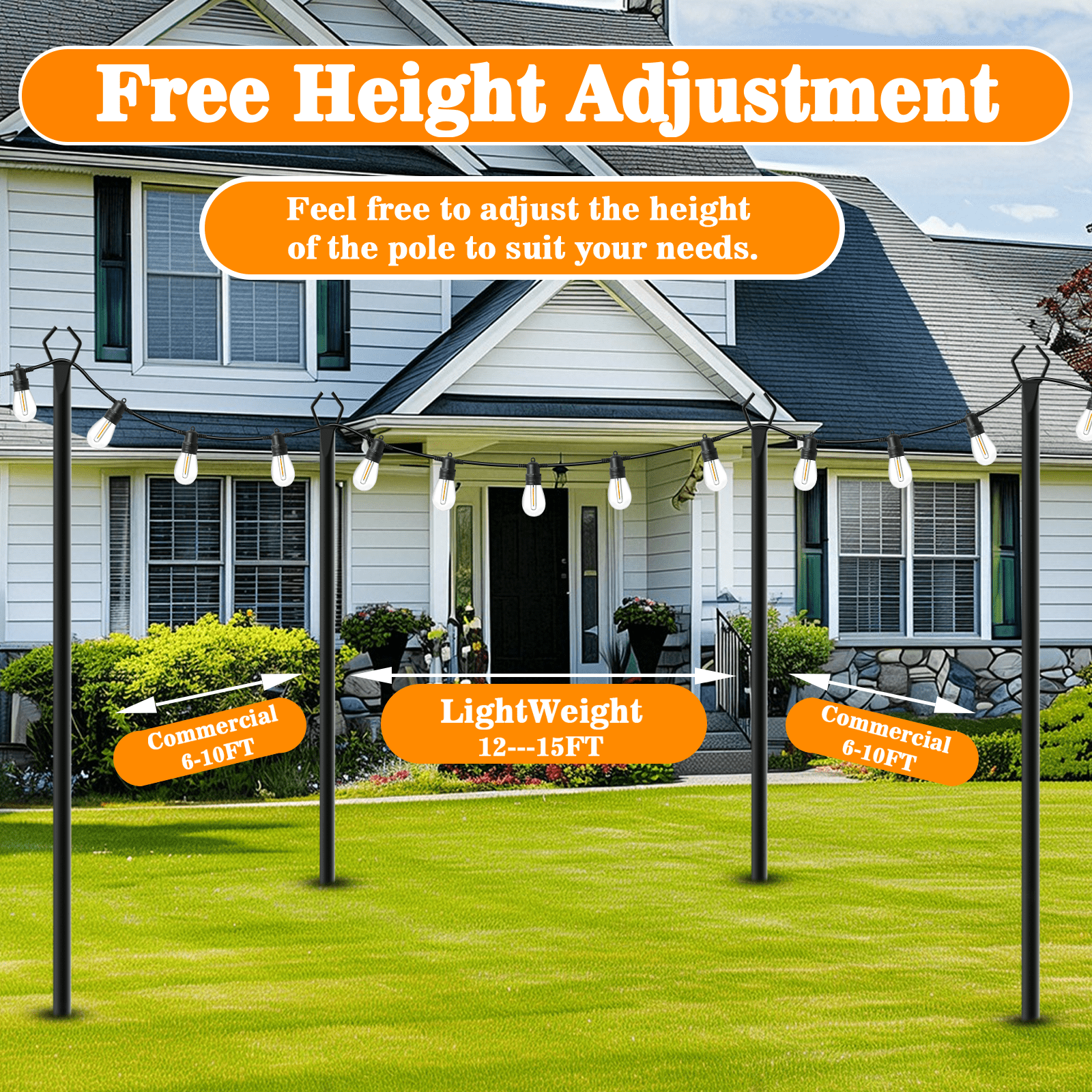 7Pack String Light Poles, 10ft Light Poles for Outside String Lights, Outdoor Lights Pole with Fork, Metal Poles Stand for Patio Deck Backyard