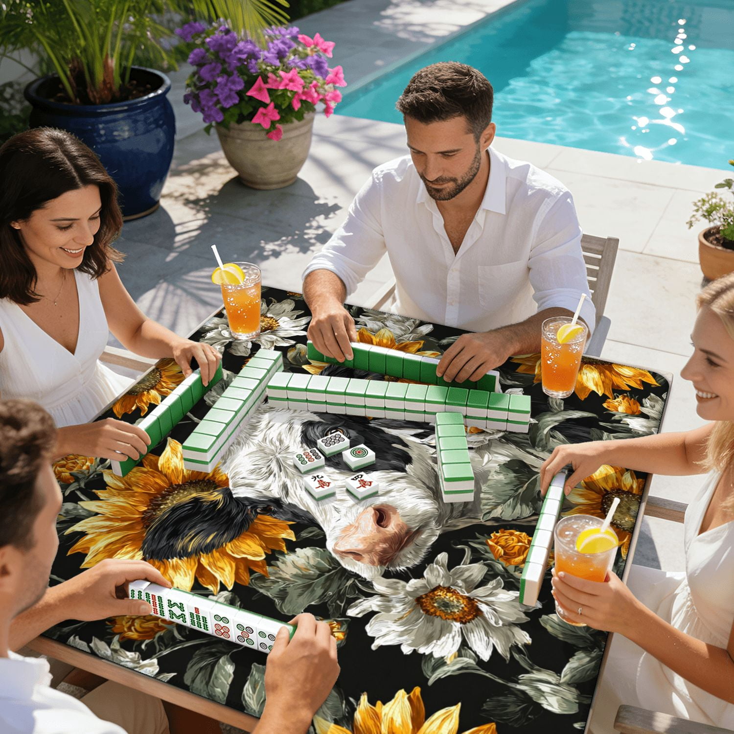 Mahjong Mat 31.5" x 31.5" Black White Cow Print Sunflowers seamless Non-Slip Noise Reduction American Mahjong Tiles Table Cover for Dominoes Poker Card Board Games Gift