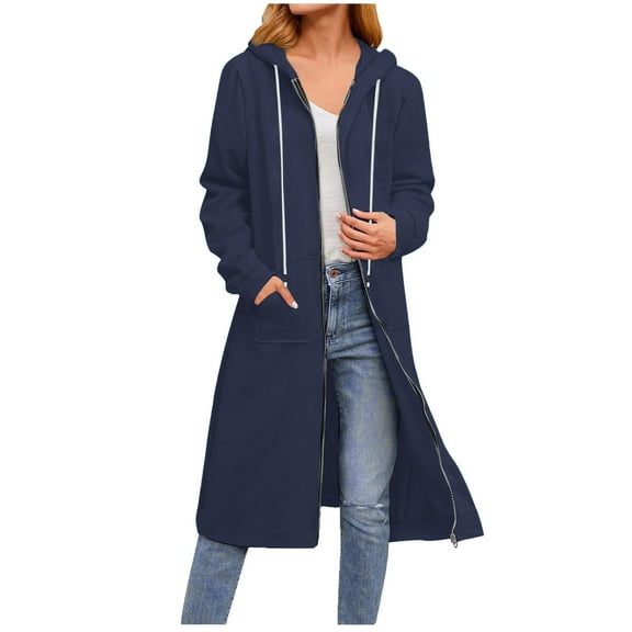 Patlollav Winter Women Casual Long Sleeve Loose Fashion Pockets Zipper Solid Hooded Sweatshirts Long Coat
