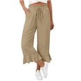 thumbnail image 3 of Hngshg Womens Capri Pants Summer Beach Vacation Ruffle Wide Leg Pants Loose Leisure Solid Color Drawstring Trousers with Pockets, 3 of 7