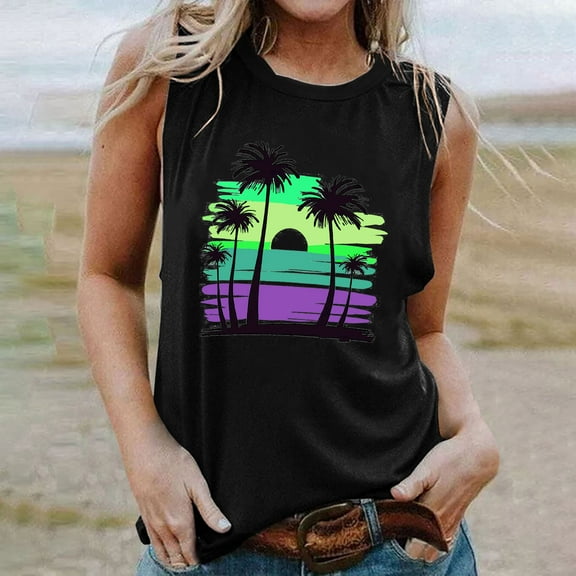 Titcea Womens Tank Tops Palm Tree Printed Round Neck Sleeveless Summer Tops Hawaiian Beach Travel Casual Graphic Tees