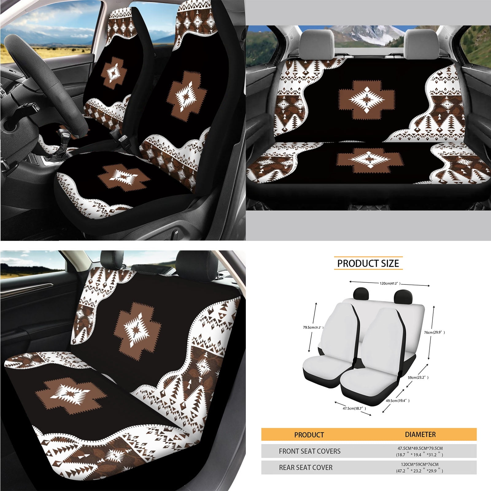 Yuyamidu Aztec Ethnic Gemoetric Car Seat Covers Set 14 Pcs Auto Seat Protector with Steering Wheel Cover Seat Belt Pads Garbage Bag Armrest Cover Handbrake Cover Set Rear View Mirror Cover Coasters
