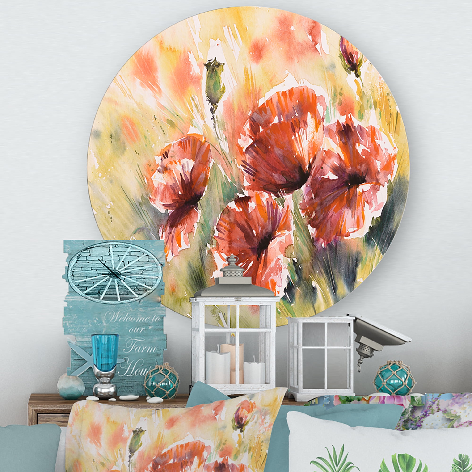 Designart 'Abstract Red Poppy On A Field' Traditional Circle Metal Wall Art 11x11 - Disc of 11
