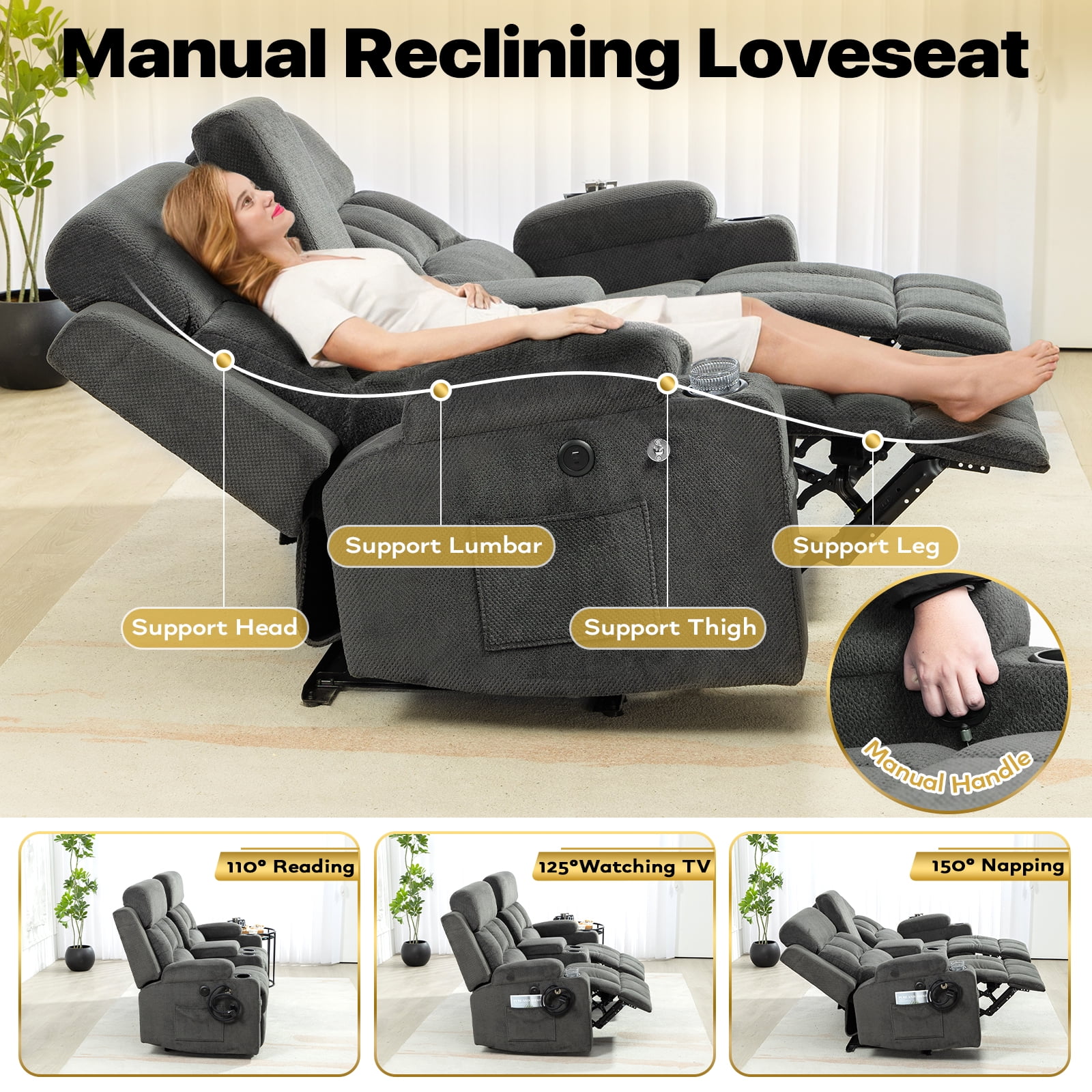 ReeQuo Oversized Reclining Loveseat with Adjustable Headrest, Dual Storage Console, USB & Type-C Charging, 4 Cup Holders & Phone Stands – Comfortable 2-Seater Recliner Sofa