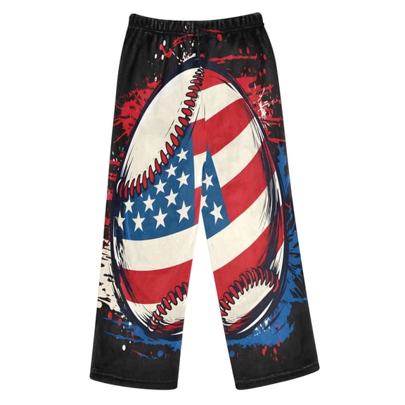BZSMCE American Flag Baseball Printed Loose Fit Flannel Pajama Pants Soft Plush Elastic Waist Loungewear Bottoms with Side Pockets for Indoor Home Wear