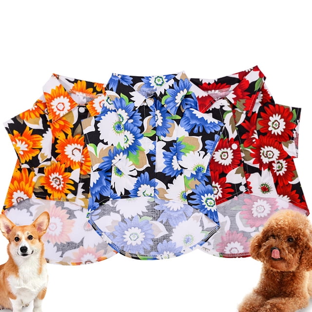 Flmtop Chiot T-Shirt Hawaii Plage Style Chrysanthème Impression Polyester Rabat Col Blouse Costume pour l'Été Bleu
