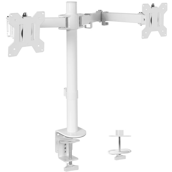 VIVO Support de Bureau Blanc Double pour Moniteur LCD LED de 13 à 27 Pouces avec Pince en C et Passe-Boulons, Bras Robustes Entièrement Ajustables pour 2 Écrans S