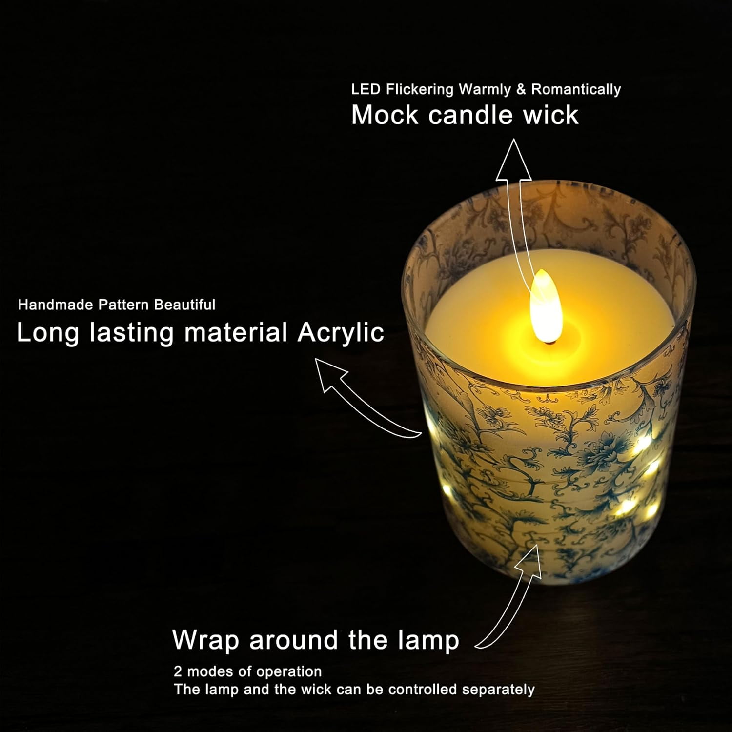 XINAOBAOLUO Blue & White Floral Flickering Flameless Candles, Recessed String Light LED Candles with Remote and Timer for Home Decor Set of 3