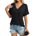thumbnail image 3 of Camiseta TICTICMISS para mujer, cuello en V, manga corta, negra, 3 of 6
