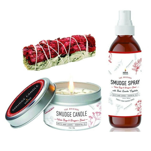 White Sage Dragon's Blood Set Smudge Spray, Candle & White Sage and Dragon's Blood Smudge Stick Bundle | for Cleansing, Meditation, Chakra Healing, Aromatherapy | with Crystals and Herbs