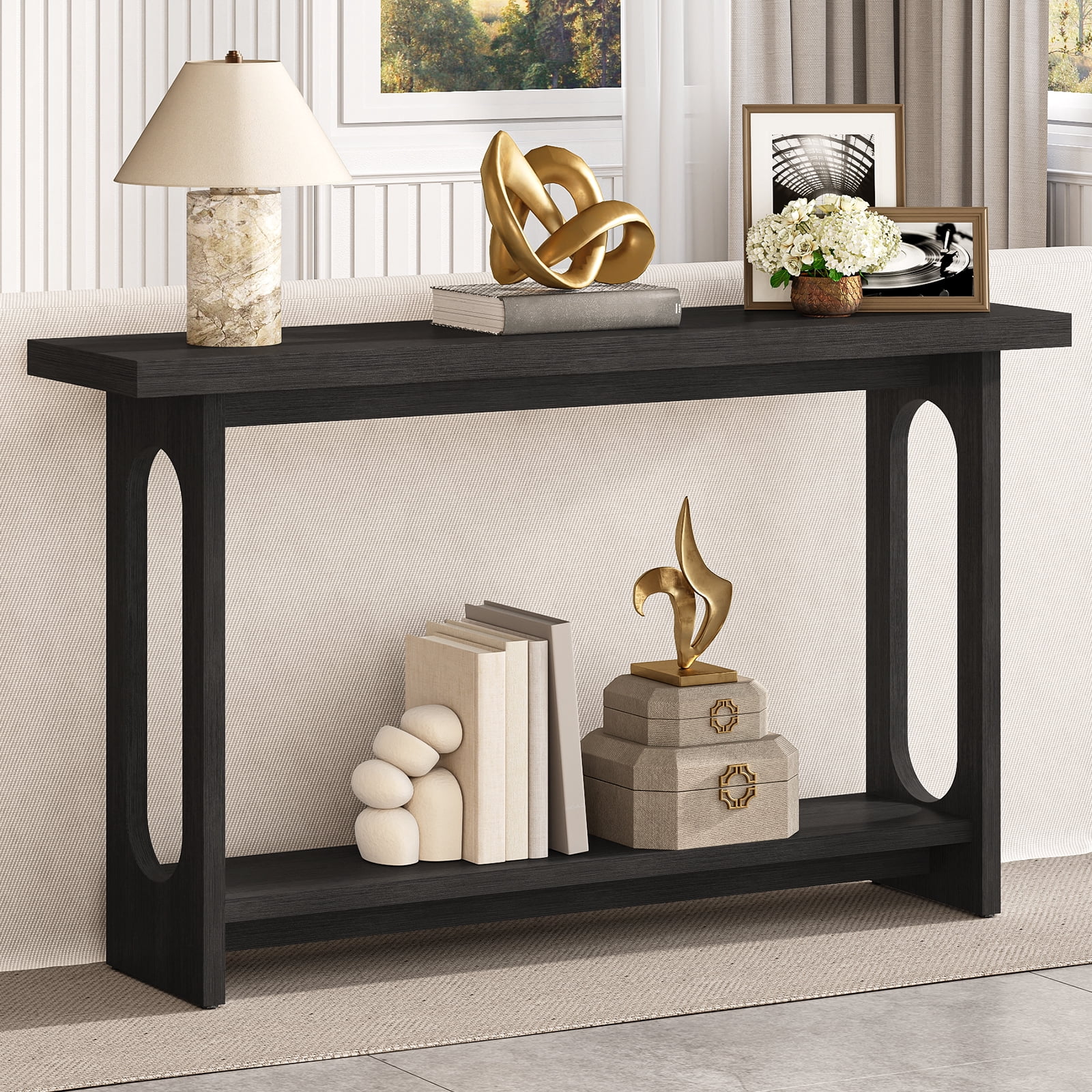 Tarnorci 54.33" Console Table, Narrow Entryway Sofa Table with Storage Shelves, Black