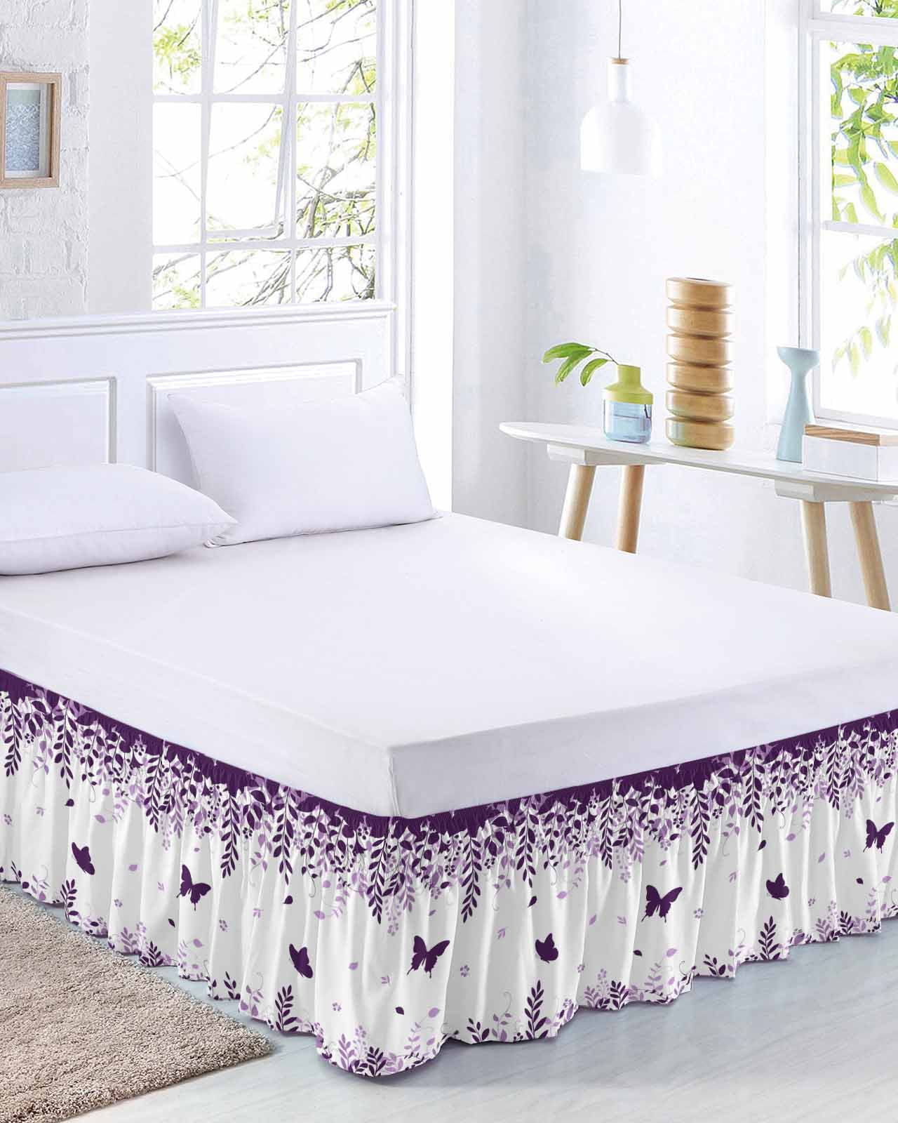 Butterflies Bed Skirt Queen Size 16 Inch Drop, Spring Purple Butterfly Falling Leaf Plant Silhouette Adjustable Elastic Dust Ruffles Bedskirt for Queen Bed Wrap Around Pleated Mattress Frame Cover