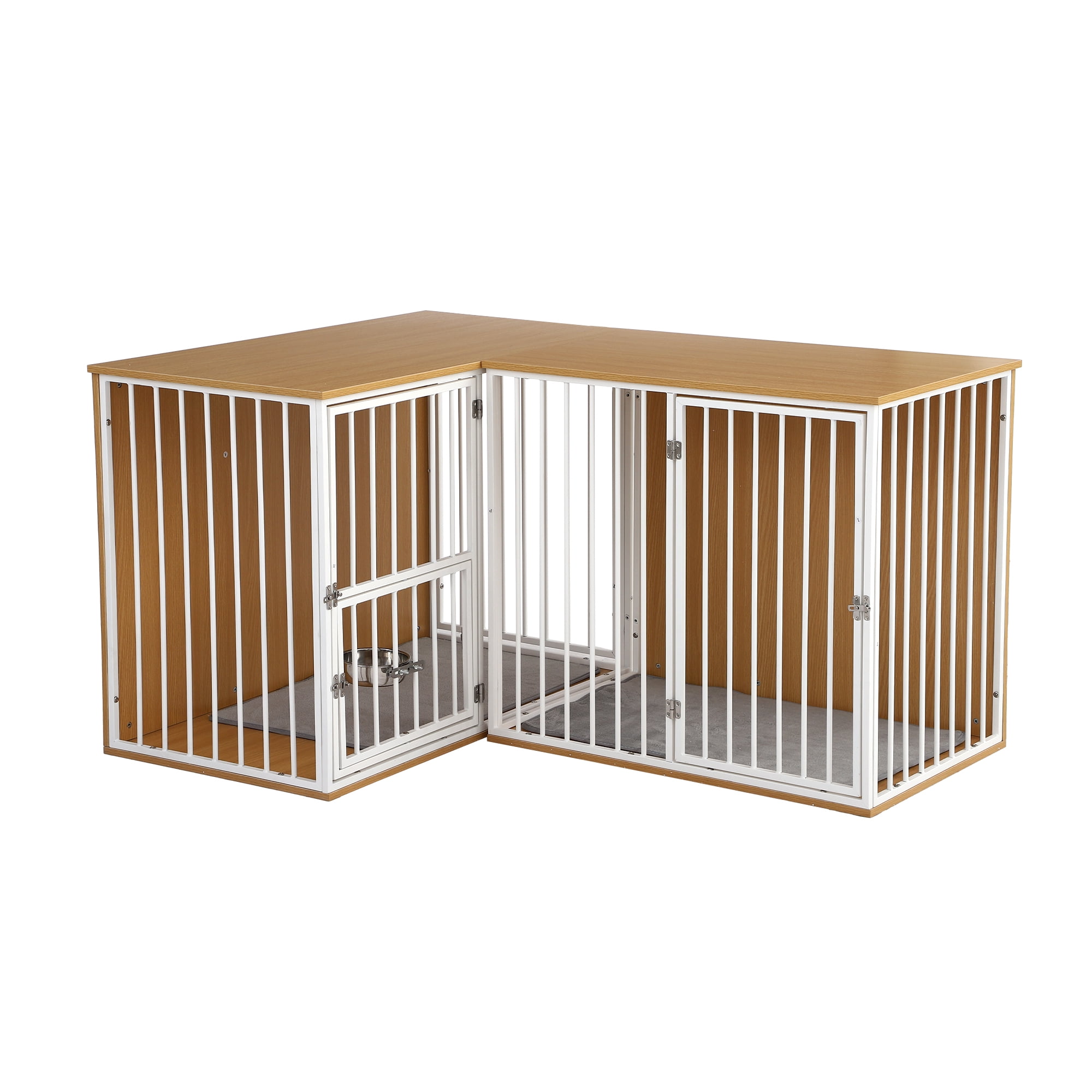 TPHORK Dog Crate Furniture for 2 Dogs, Corner Heavy Duty Double Dog Kennel Furniture with Divider, Indoor Wooden Dogs Crate Large Breed, White